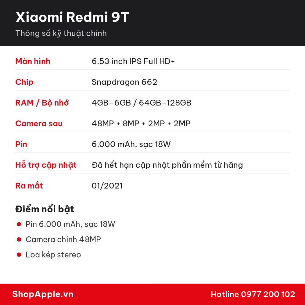Thông số kỹ thuật Xiaomi Redmi 9T