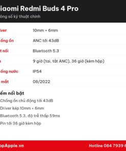 Thông số kỹ thuật Xiaomi Redmi Buds 4 Pro