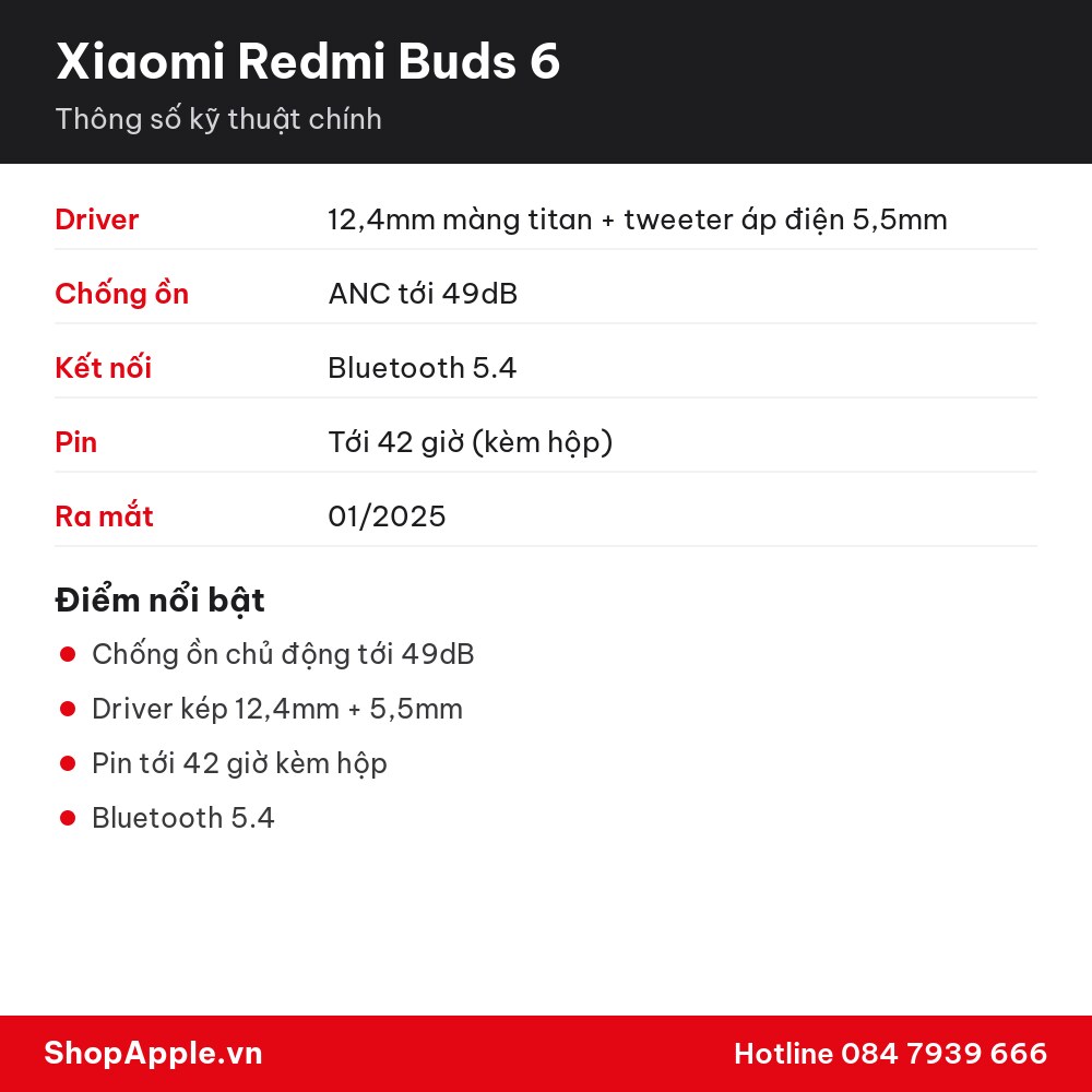 Thông số kỹ thuật Xiaomi Redmi Buds 6