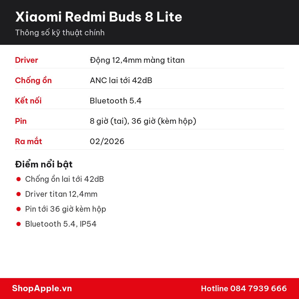 Thông số kỹ thuật Xiaomi Redmi Buds 8 Lite