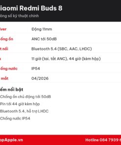 Thông số kỹ thuật Xiaomi Redmi Buds 8