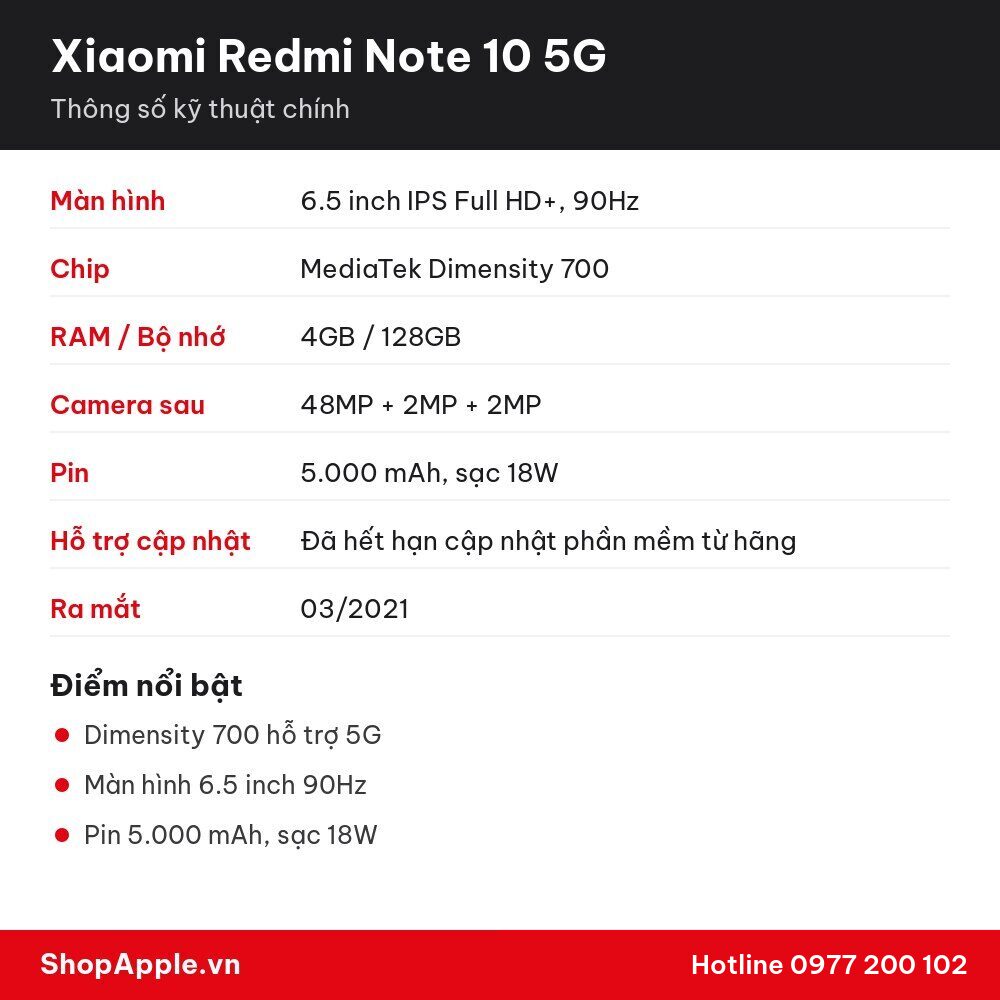 Thông số kỹ thuật Xiaomi Redmi Note 10 5G