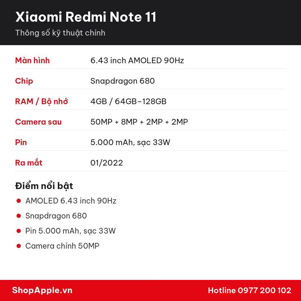 Thông số kỹ thuật Xiaomi Redmi Note 11