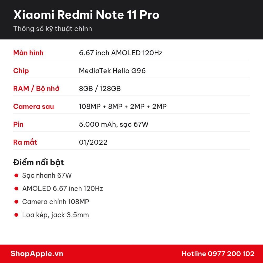 Thông số kỹ thuật Xiaomi Redmi Note 11 Pro