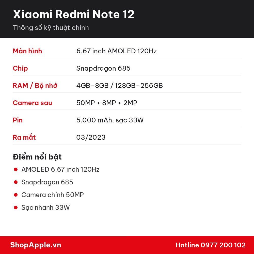 Thông số kỹ thuật Xiaomi Redmi Note 12
