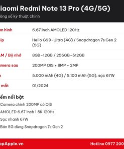 Thông số kỹ thuật Xiaomi Redmi Note 13 Pro (4G/5G)