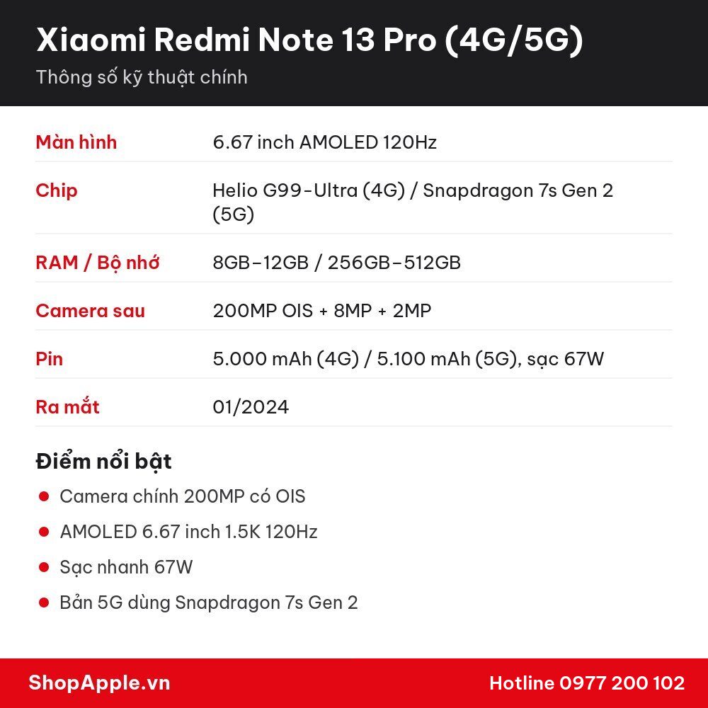 Thông số kỹ thuật Xiaomi Redmi Note 13 Pro (4G/5G)