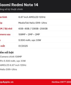 Thông số kỹ thuật Xiaomi Redmi Note 14
