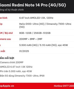 Thông số kỹ thuật Xiaomi Redmi Note 14 Pro (4G/5G)