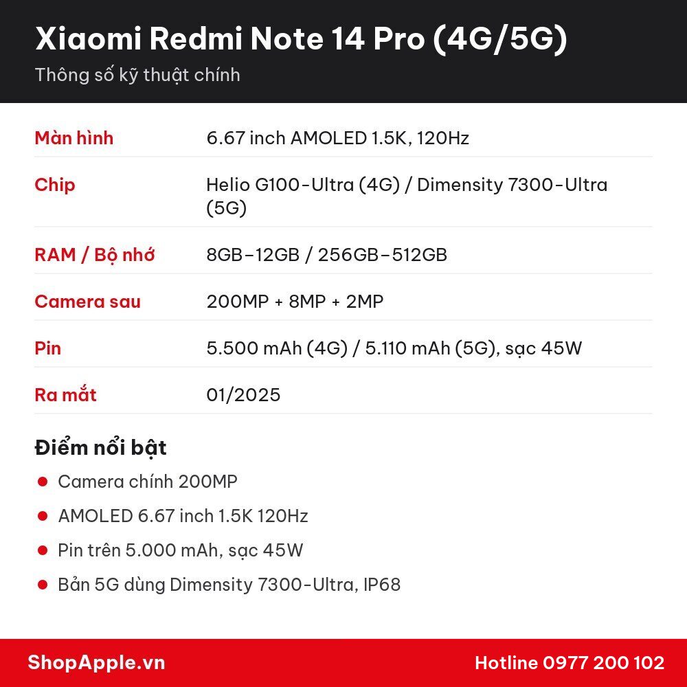 Thông số kỹ thuật Xiaomi Redmi Note 14 Pro (4G/5G)
