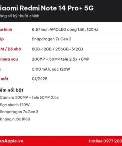 Thông số kỹ thuật Xiaomi Redmi Note 14 Pro+ 5G