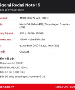 Thông số kỹ thuật Xiaomi Redmi Note 15