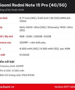 Thông số kỹ thuật Xiaomi Redmi Note 15 Pro (4G/5G)