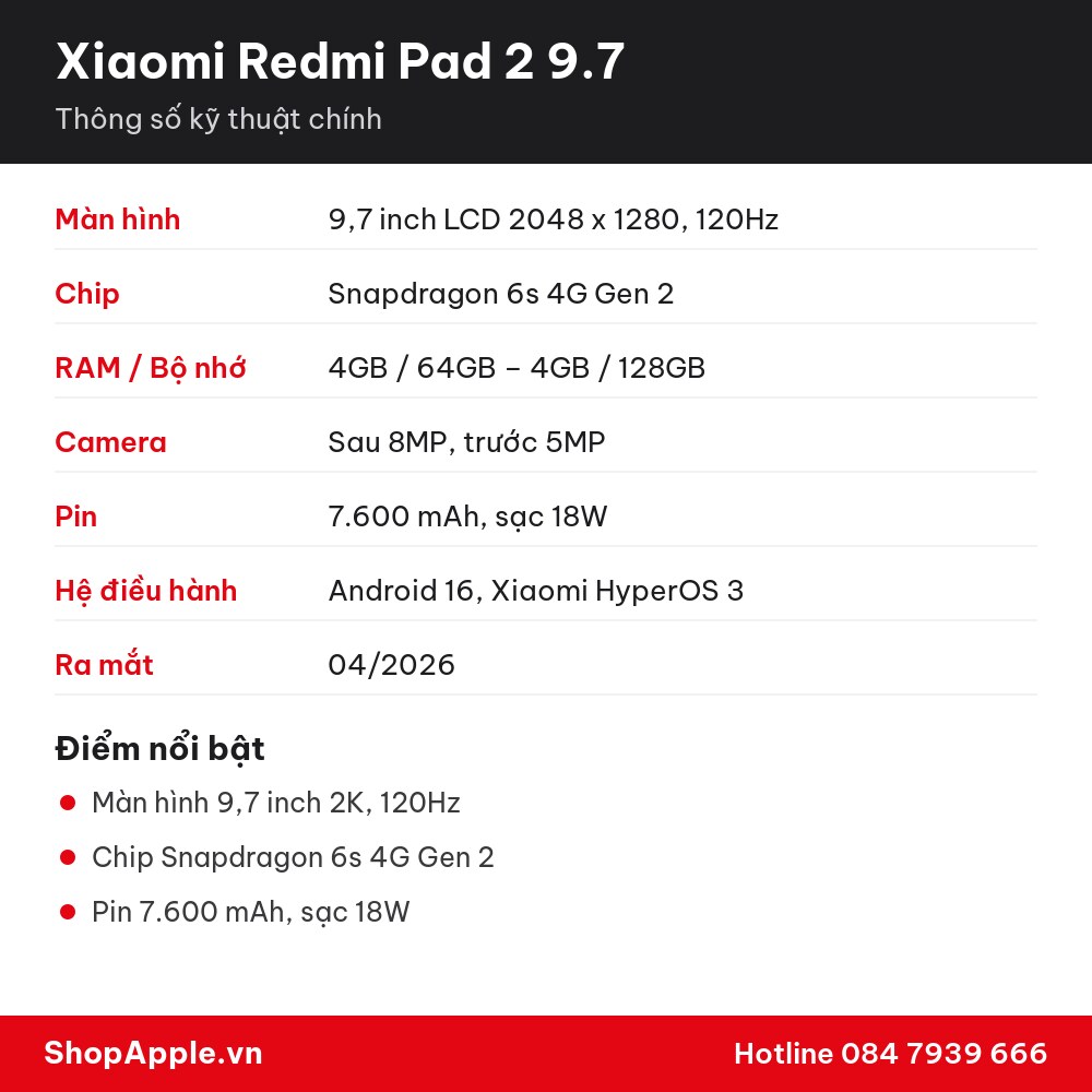 Thông số kỹ thuật Xiaomi Redmi Pad 2 9.7