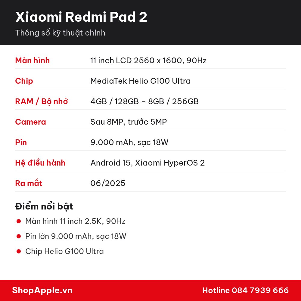Thông số kỹ thuật Xiaomi Redmi Pad 2
