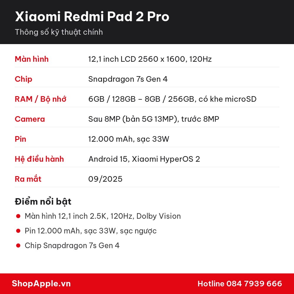 Thông số kỹ thuật Xiaomi Redmi Pad 2 Pro