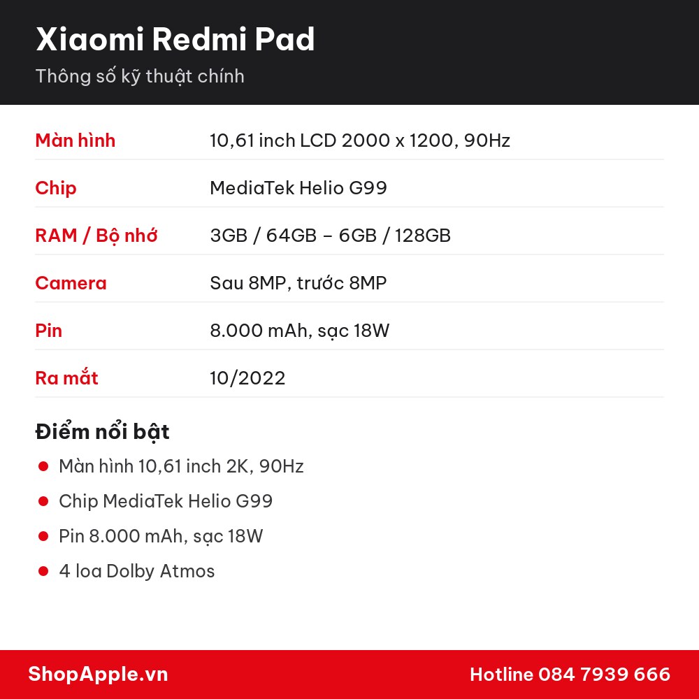 Thông số kỹ thuật Xiaomi Redmi Pad