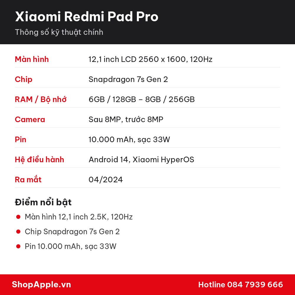 Thông số kỹ thuật Xiaomi Redmi Pad Pro