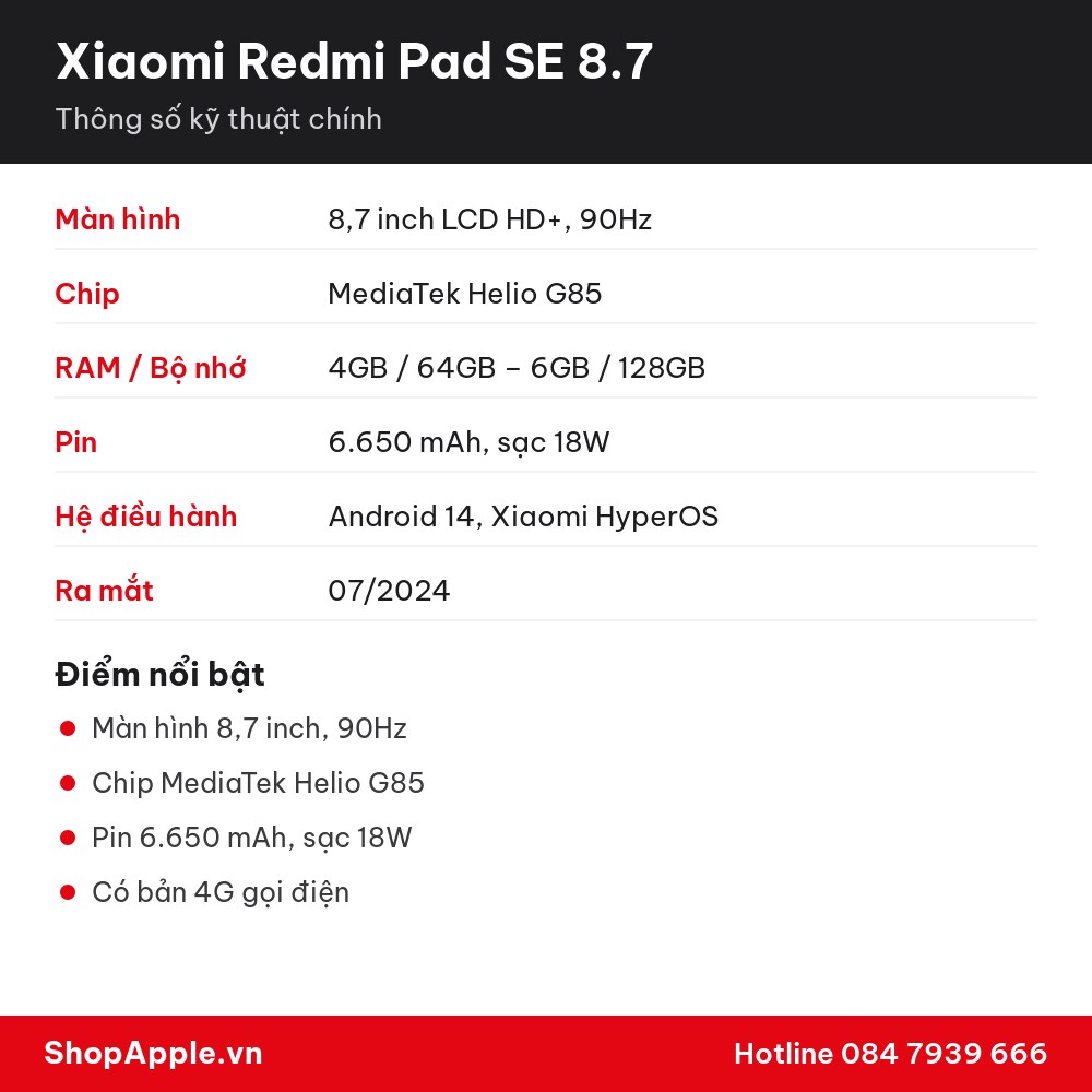 Thông số kỹ thuật Xiaomi Redmi Pad SE 8.7