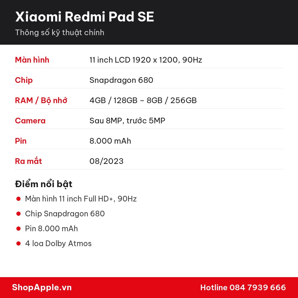 Thông số kỹ thuật Xiaomi Redmi Pad SE