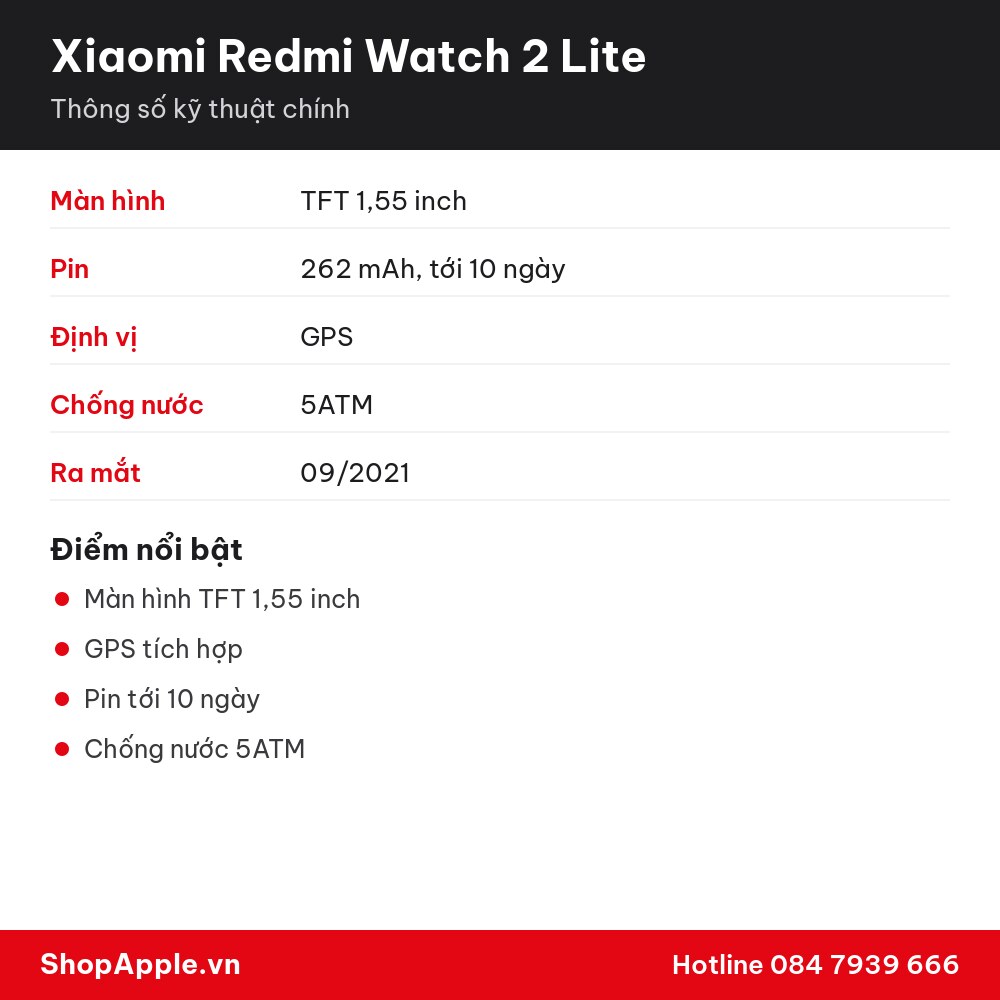 Thông số kỹ thuật Xiaomi Redmi Watch 2 Lite