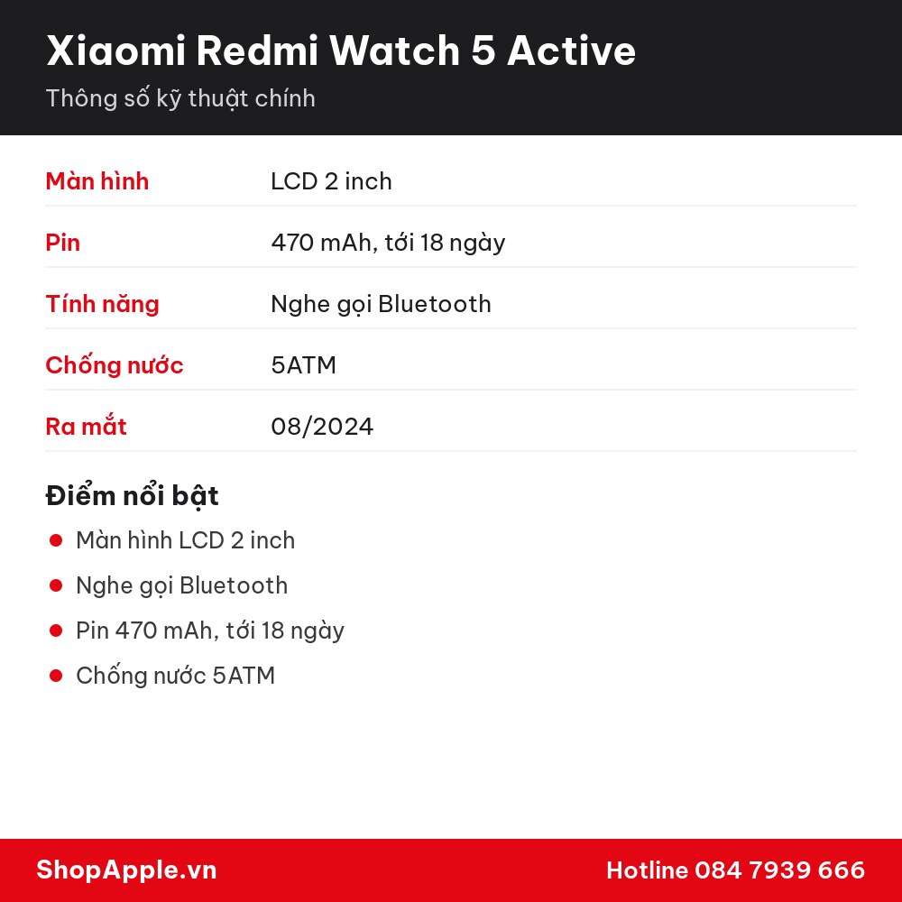 Thông số kỹ thuật Xiaomi Redmi Watch 5 Active