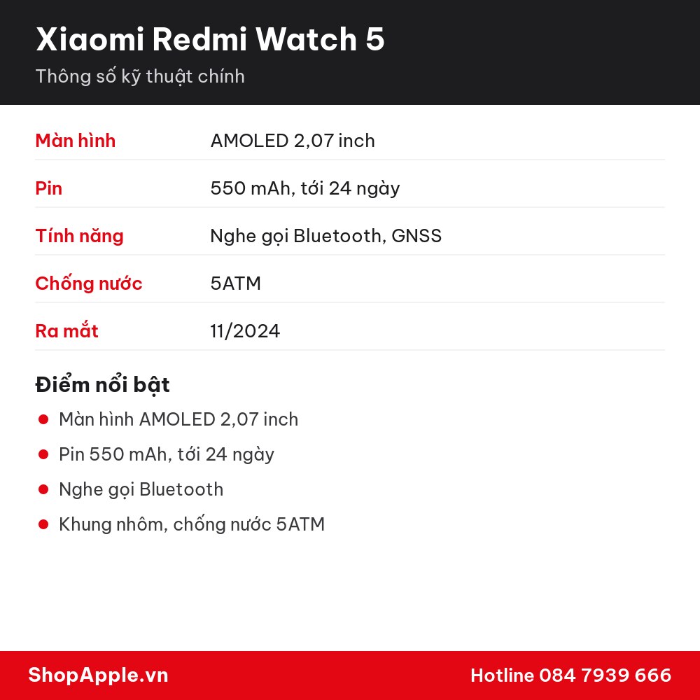 Thông số kỹ thuật Xiaomi Redmi Watch 5