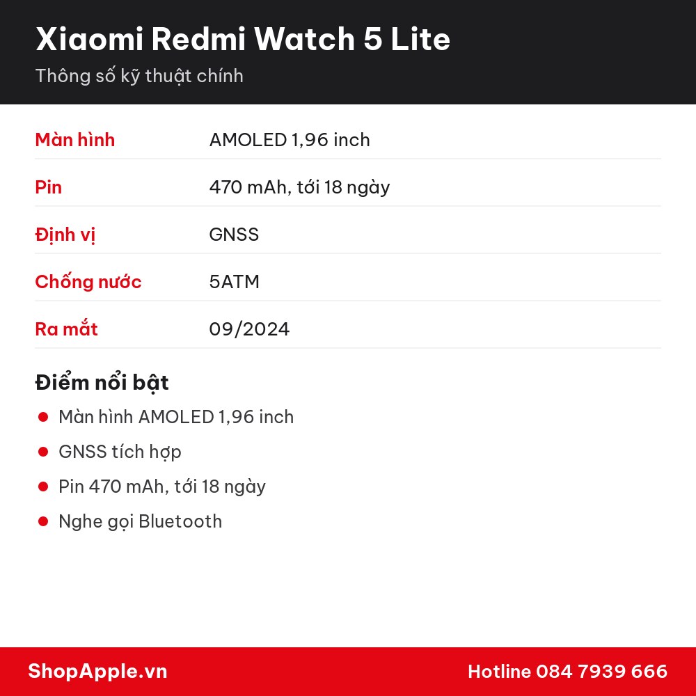 Thông số kỹ thuật Xiaomi Redmi Watch 5 Lite