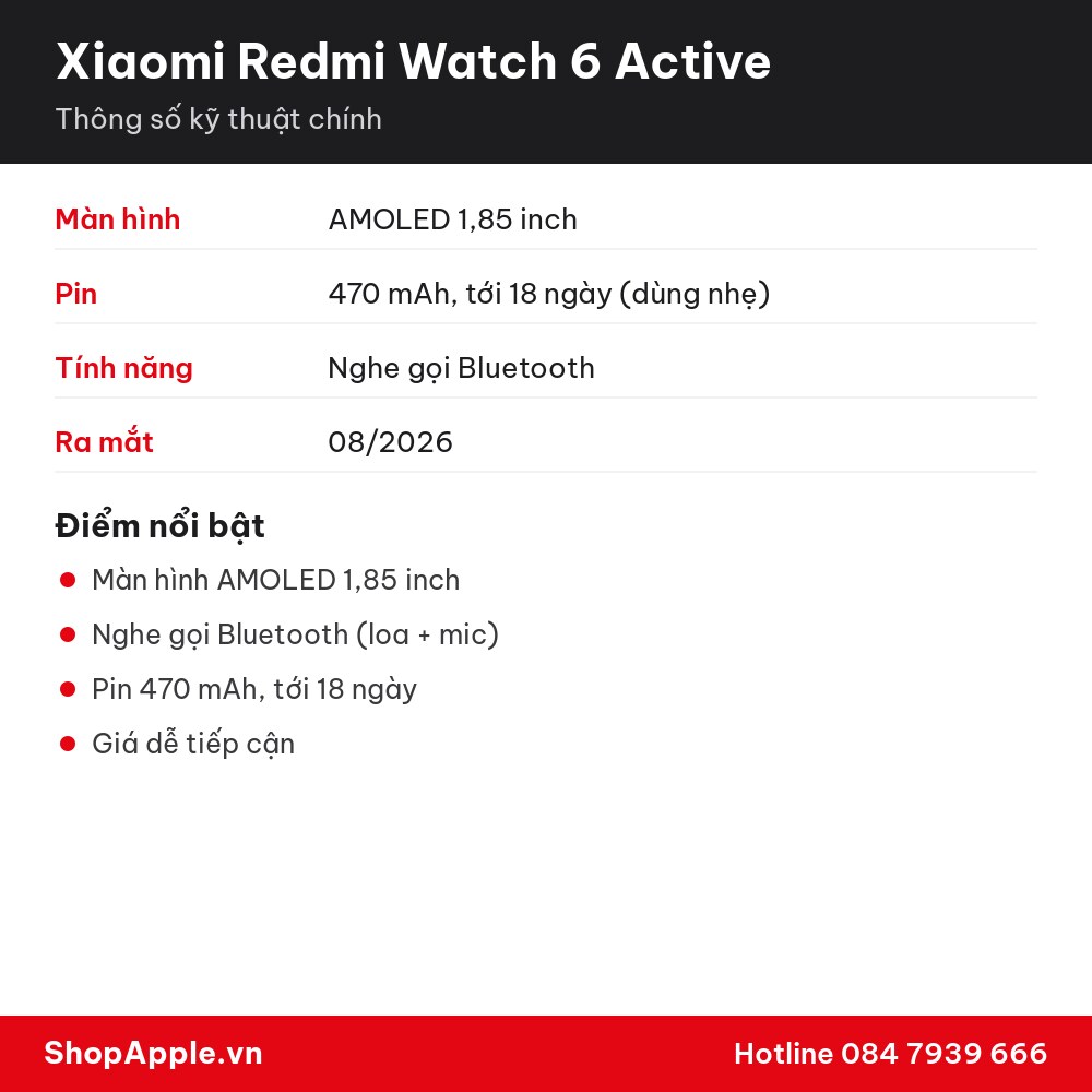 Thông số kỹ thuật Xiaomi Redmi Watch 6 Active