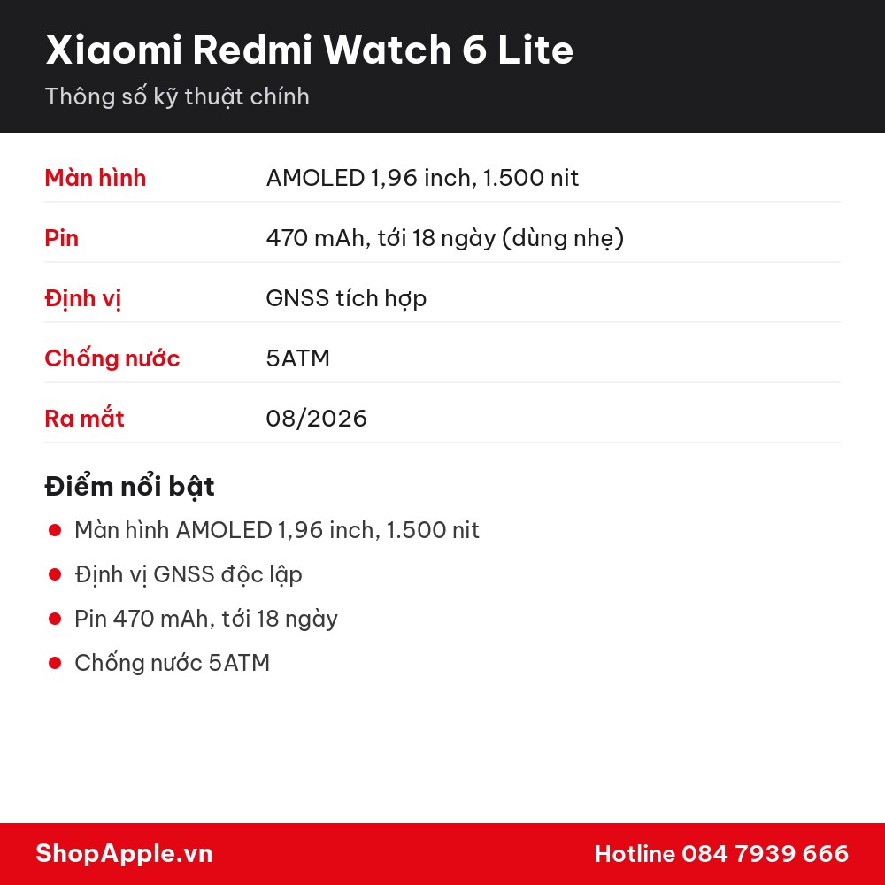 Thông số kỹ thuật Xiaomi Redmi Watch 6 Lite