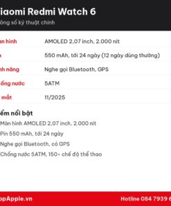 Thông số kỹ thuật Xiaomi Redmi Watch 6