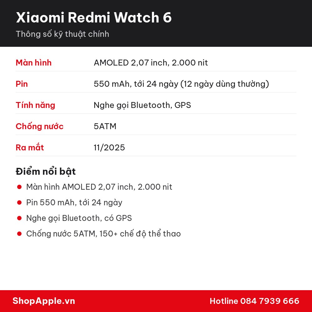 Thông số kỹ thuật Xiaomi Redmi Watch 6