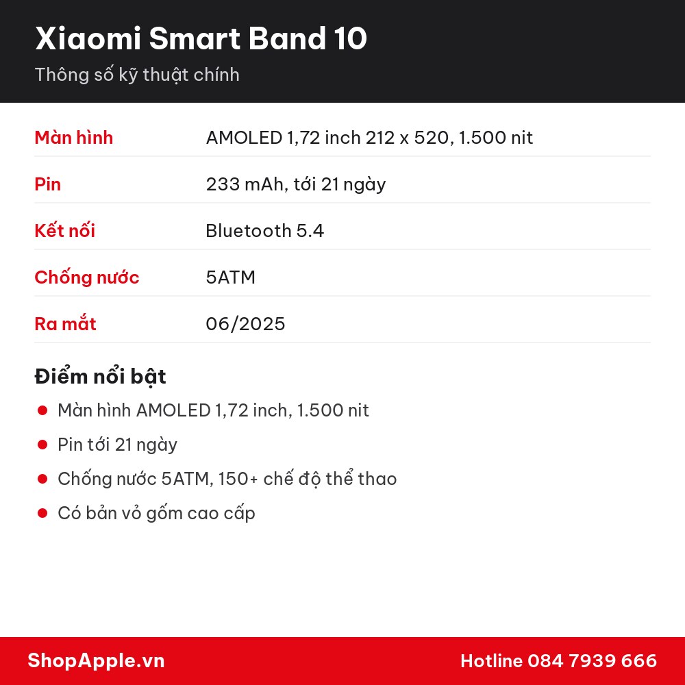 Thông số kỹ thuật Xiaomi Smart Band 10
