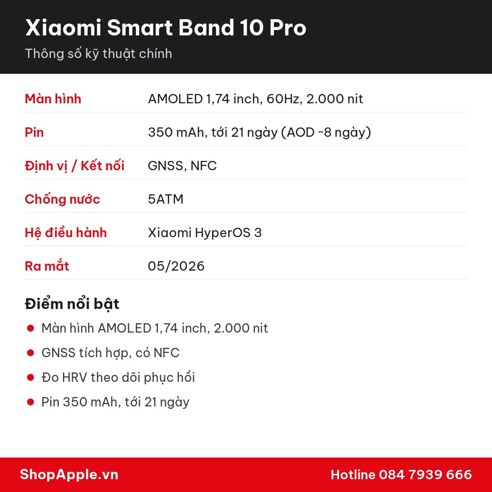 Thông số kỹ thuật Xiaomi Smart Band 10 Pro