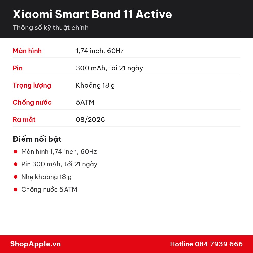 Thông số kỹ thuật Xiaomi Smart Band 11 Active