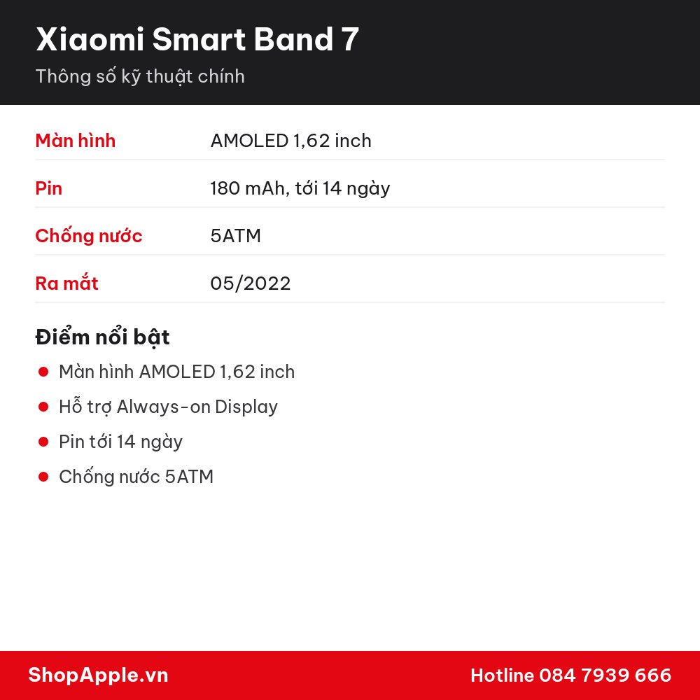 Thông số kỹ thuật Xiaomi Smart Band 7