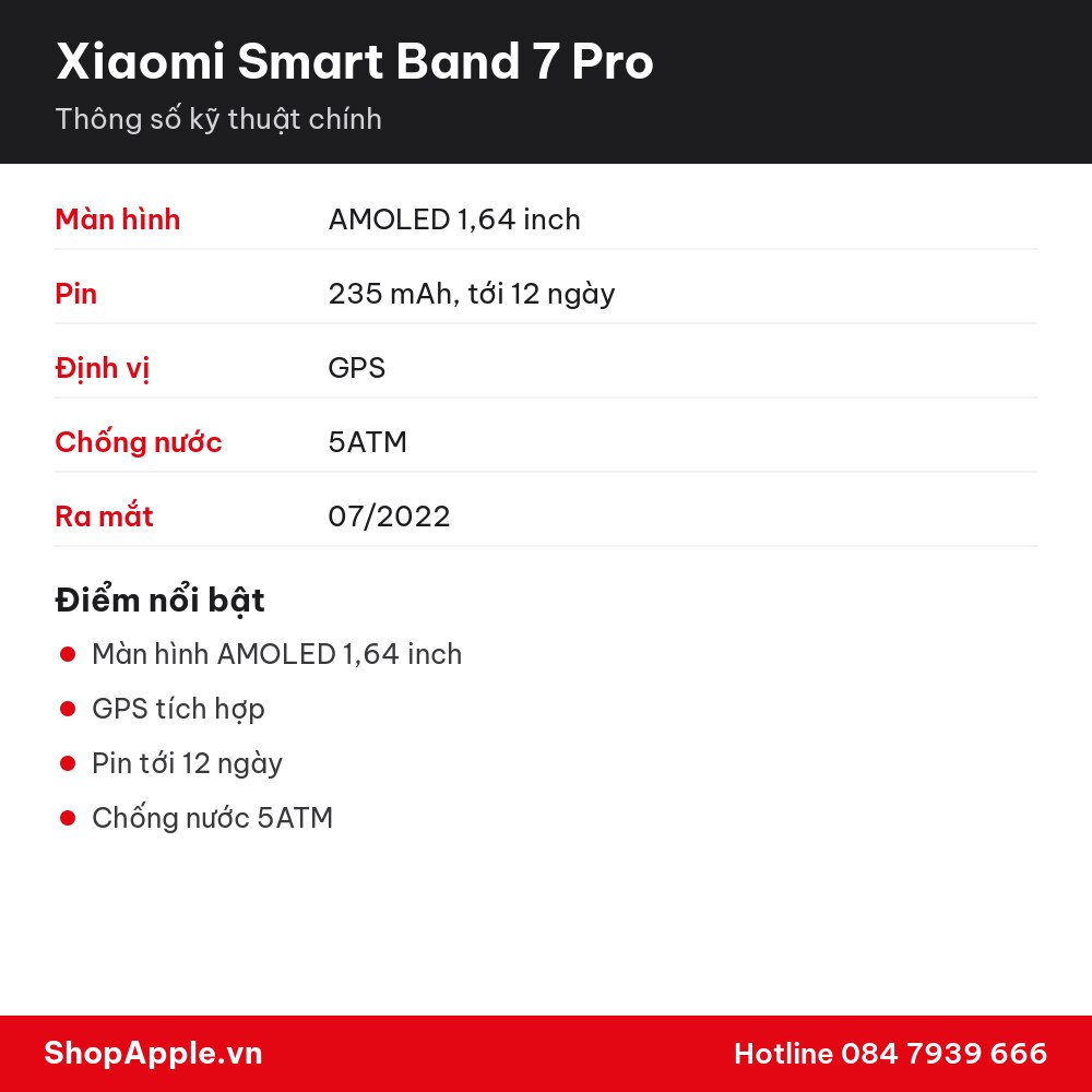 Thông số kỹ thuật Xiaomi Smart Band 7 Pro