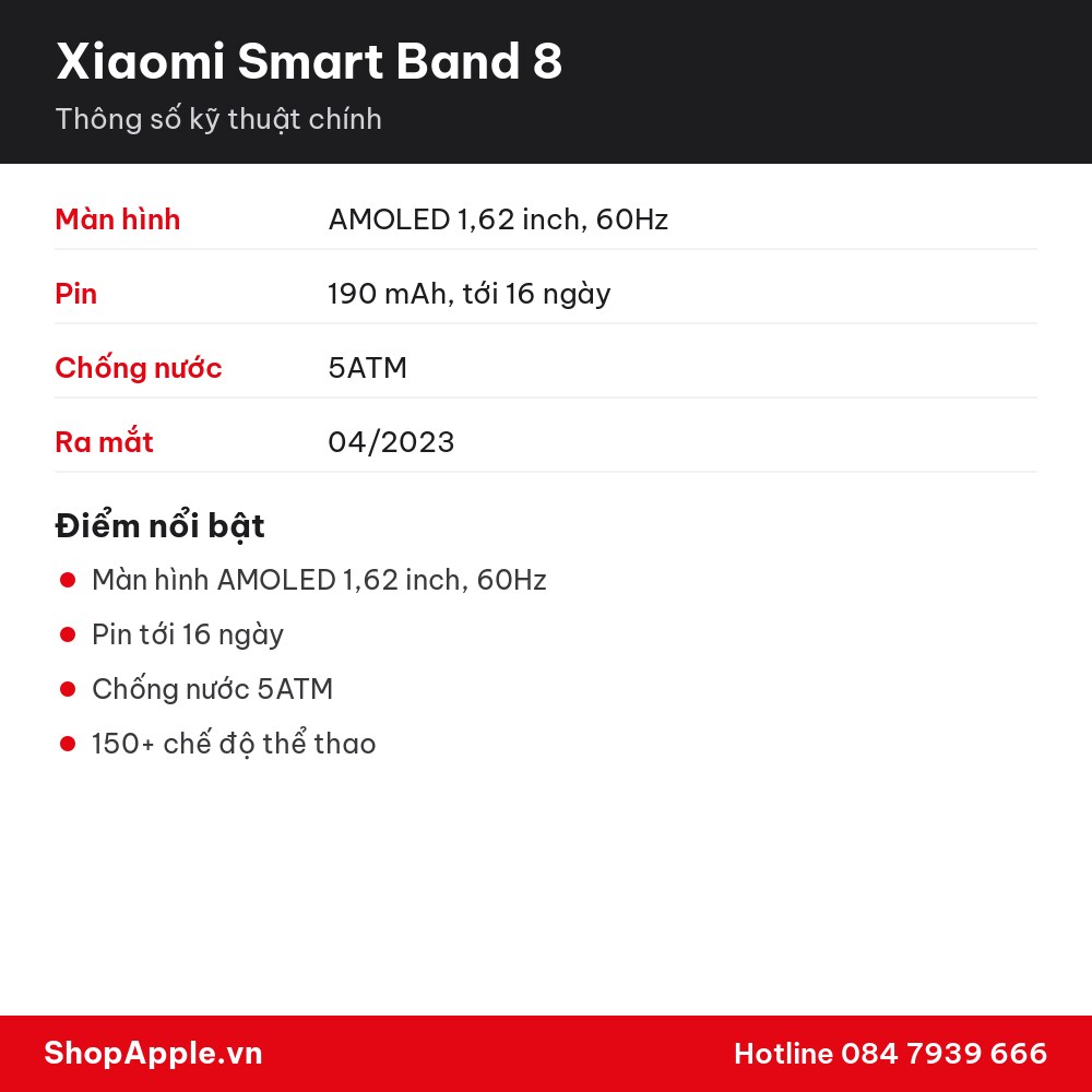 Thông số kỹ thuật Xiaomi Smart Band 8