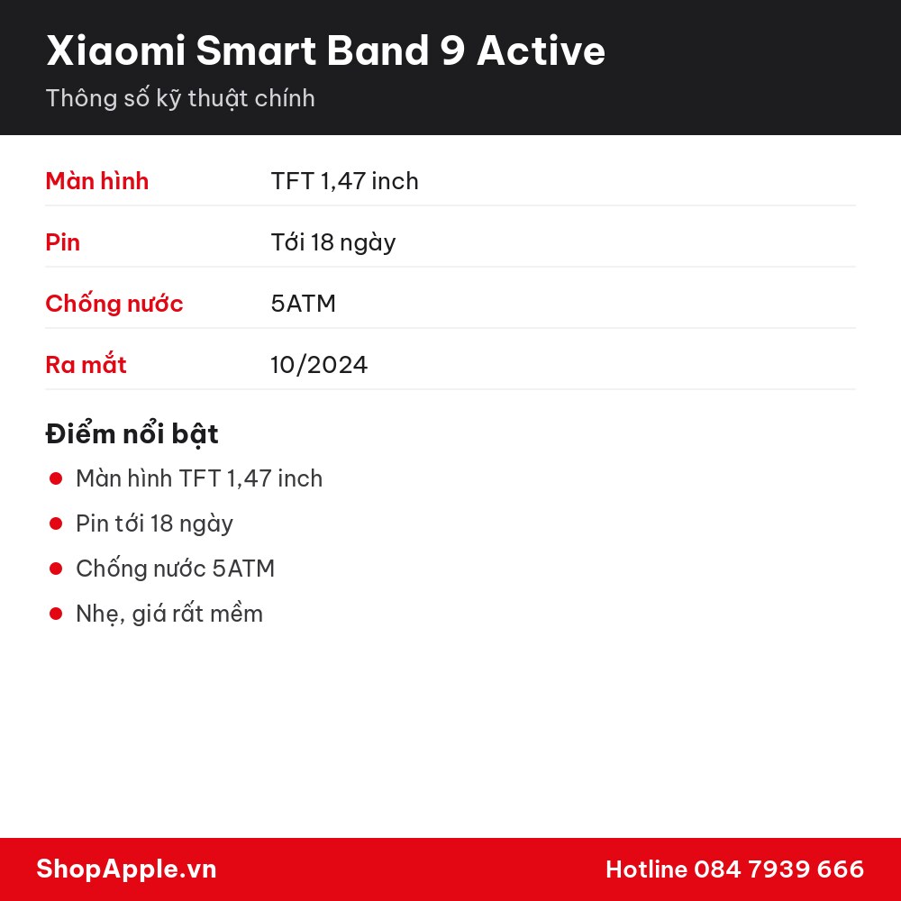 Thông số kỹ thuật Xiaomi Smart Band 9 Active