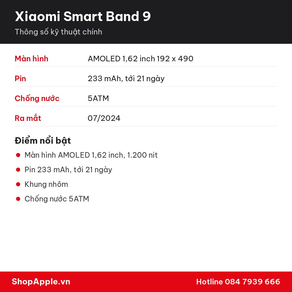 Thông số kỹ thuật Xiaomi Smart Band 9