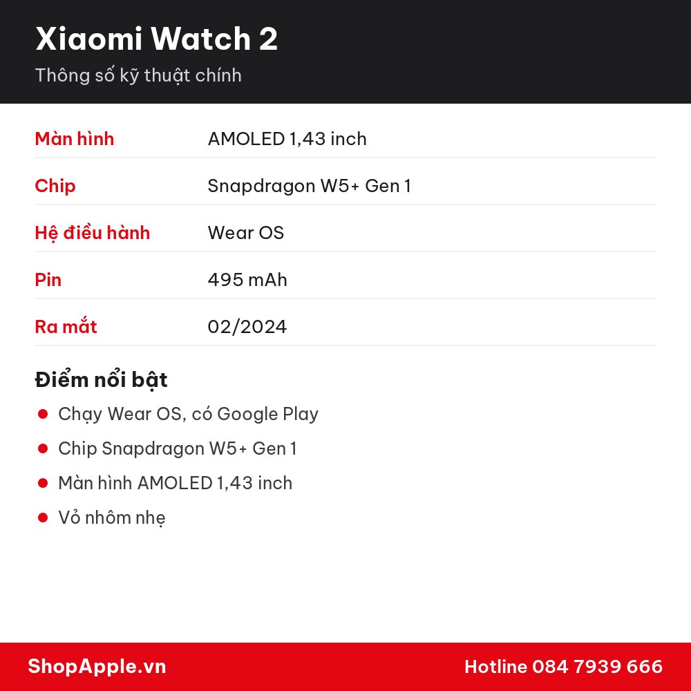Thông số kỹ thuật Xiaomi Watch 2