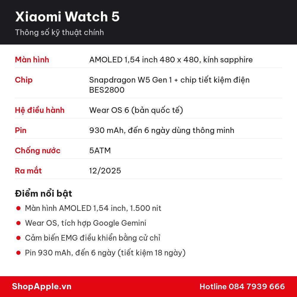 Thông số kỹ thuật Xiaomi Watch 5