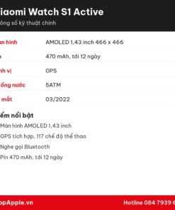 Thông số kỹ thuật Xiaomi Watch S1 Active