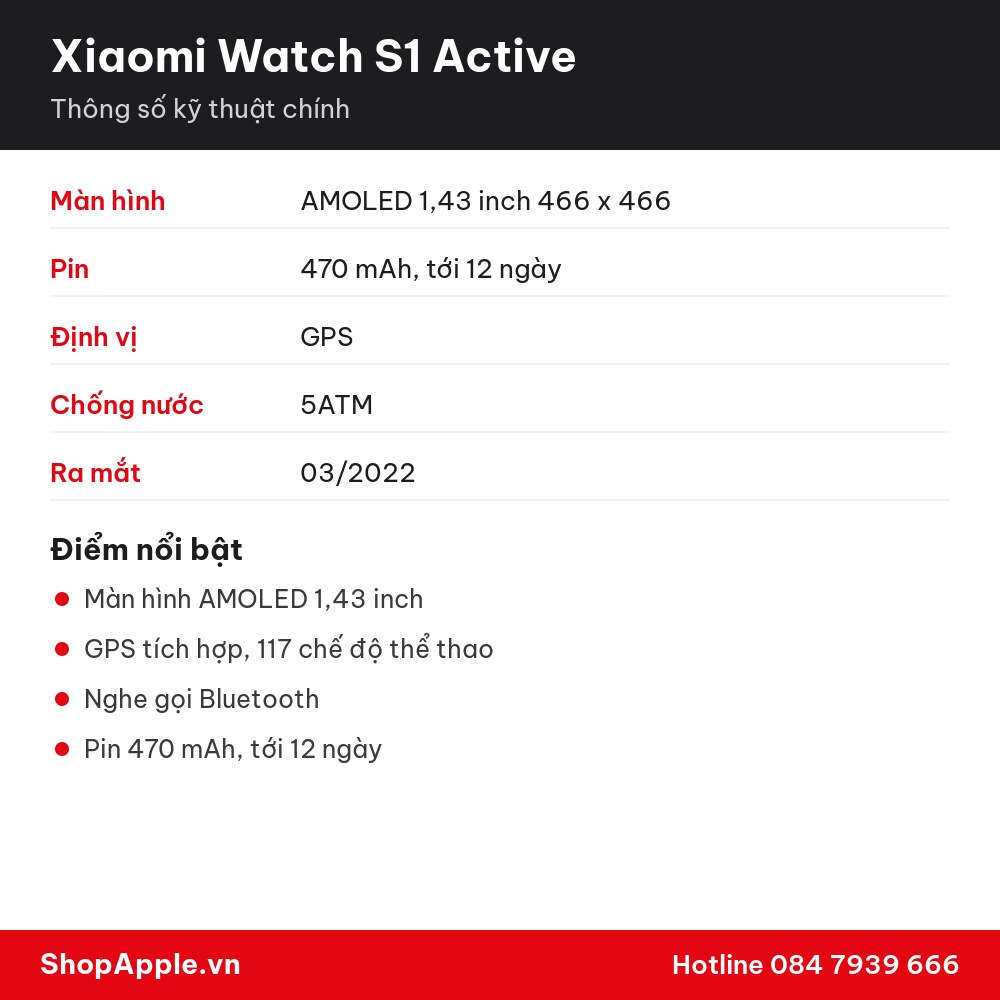 Thông số kỹ thuật Xiaomi Watch S1 Active