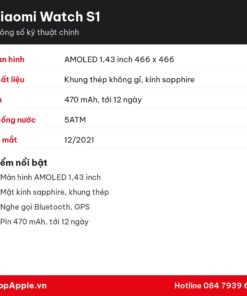 Thông số kỹ thuật Xiaomi Watch S1