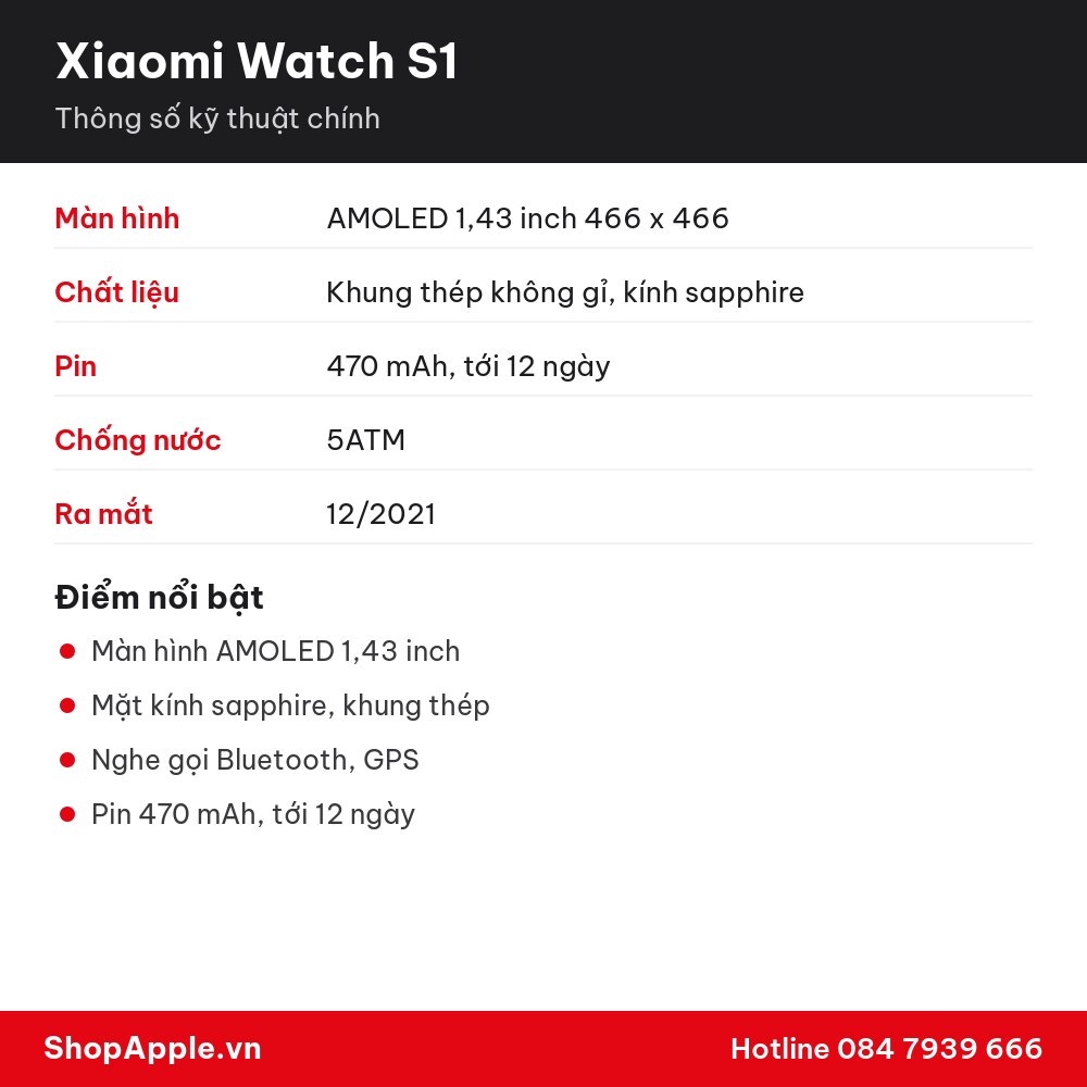 Thông số kỹ thuật Xiaomi Watch S1