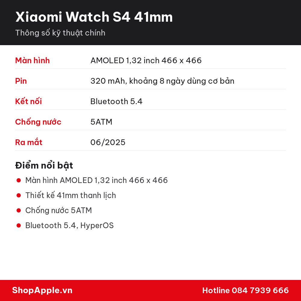 Thông số kỹ thuật Xiaomi Watch S4 41mm