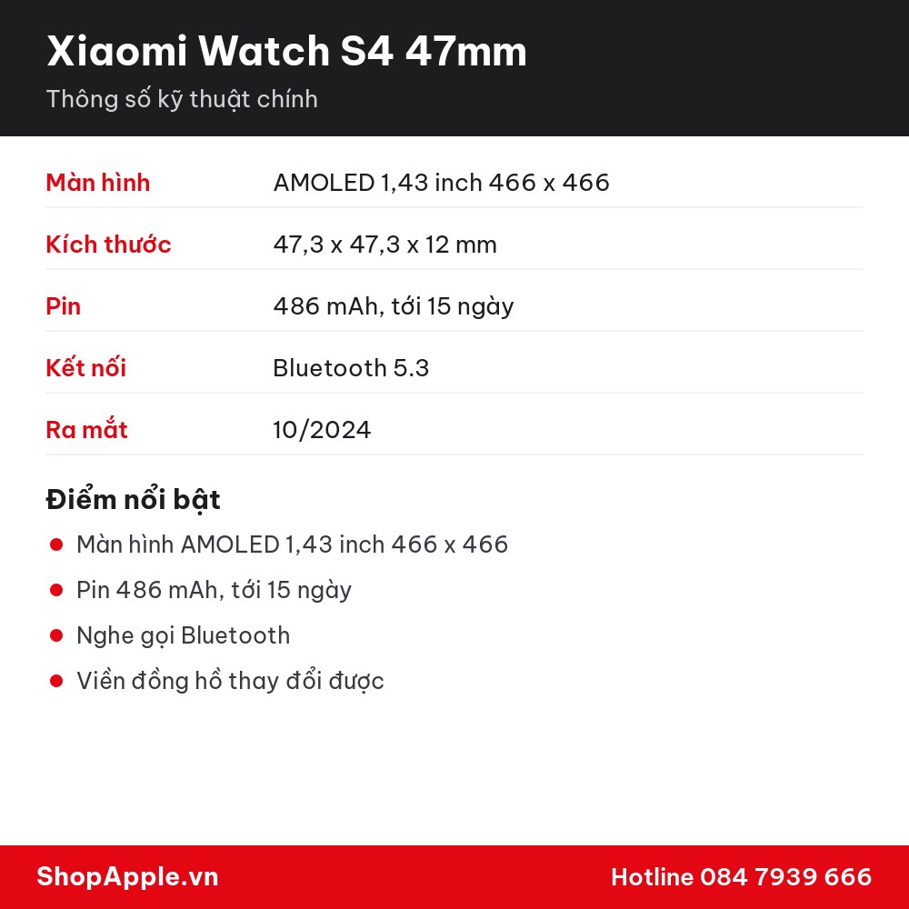 Thông số kỹ thuật Xiaomi Watch S4 47mm