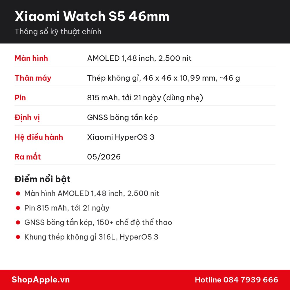 Thông số kỹ thuật Xiaomi Watch S5 46mm
