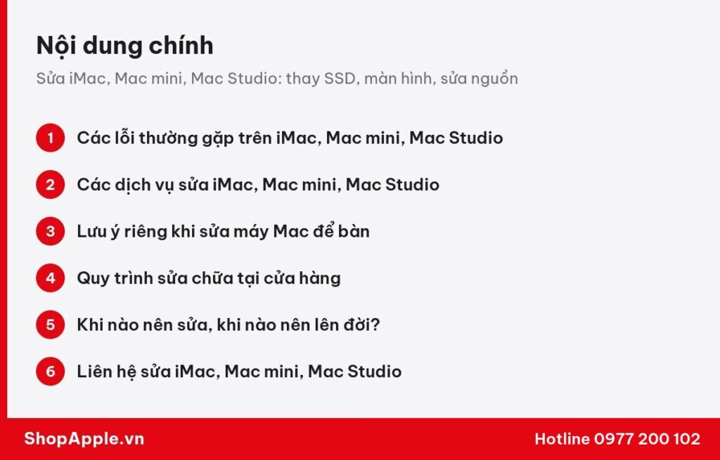 Tóm tắt nội dung: Sửa iMac, Mac mini, Mac Studio: thay SSD, màn hình, sửa nguồn